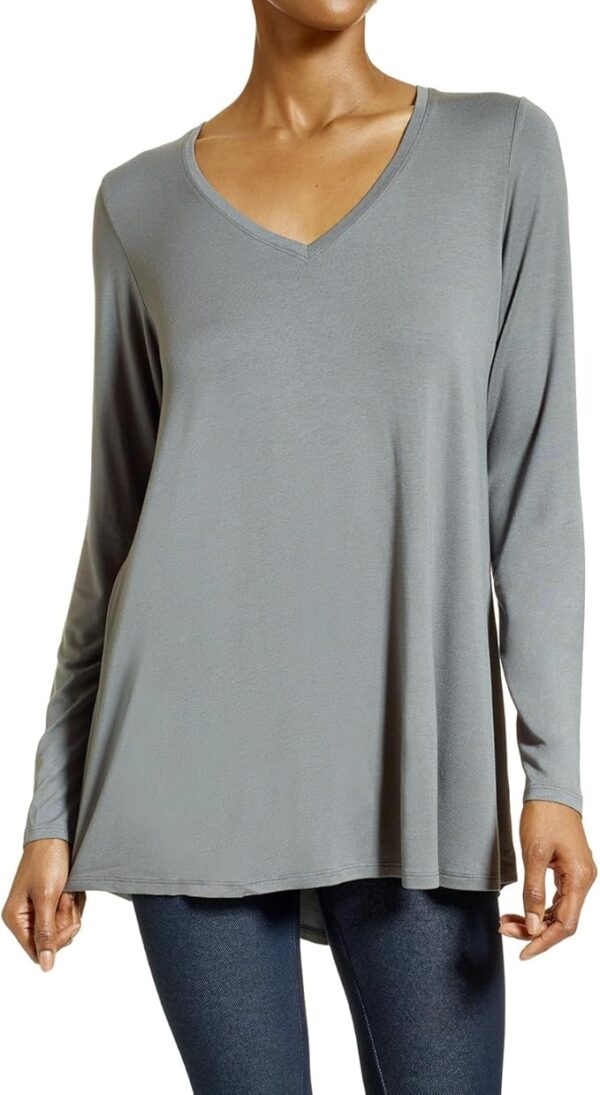Women's Basic Long Sleeve T-Shirt V-Neck Loose Tunic Top with Hi-Low Hem