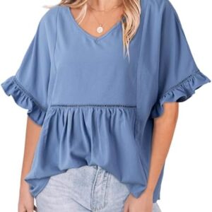 Womens Blouses Smocked Casual V Neck Ruffle Bell Half Sleeve Shirts Top