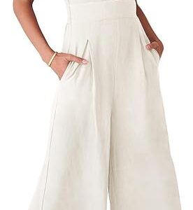 Women's Summer Wide Leg Linen Jumpsuits Dressy V Neck Sleeveless