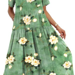Women Casual Loose Bohemian Floral Dress with Pockets Short Sleeve