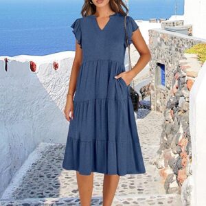 Womens Summer Dress Ruffle Sleeve V Neck Midi Dresses Fashion