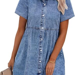 Denim Dress for Women Babydoll Tiered Short Sleeve Button Down Jean Shirt Dresses