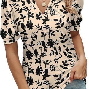 Romanstii Women Casual V-Neck T-Shirts Loose Puff Short Sleeve Tops Tunic Blouses