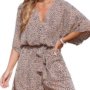 Women's Lace Up Leopard Print Romper Short Sleeves Jumpsuits Wide leg Outfit