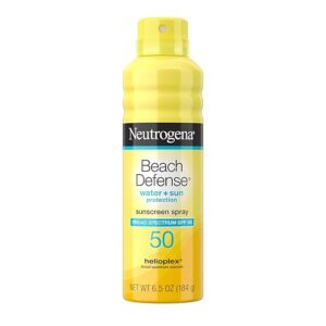 Neutrogena Beach Defense Sunscreen Spray Broad Spectrum SPF 50 6.5 Oz Water Resistant Fast Absorbing Oxybenzone Free Lightweight Sun Protection Face and Body Sunscreen